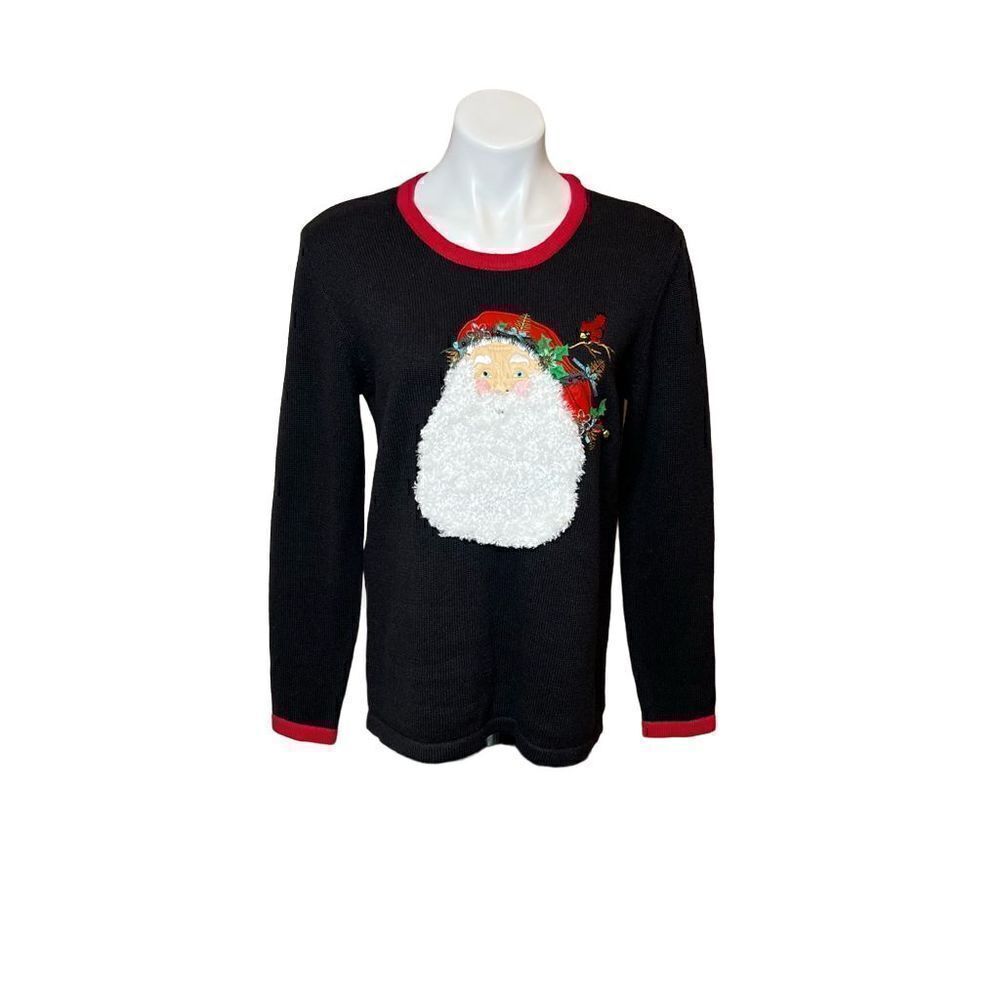 Merry & Bright black and red Santa face ugly Christmas sweater size S